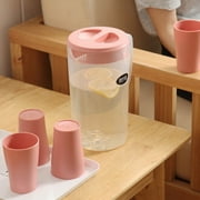Byikun Pink 2.2-liter Covered Cold Water Bottle Set with 4 Cups, Plastic Material, Curved Handle, Filter Spout Lid, V-shaped Pour Spout, Suitable for Hot/Cold Beverages, Lemonade, Fruit Juice