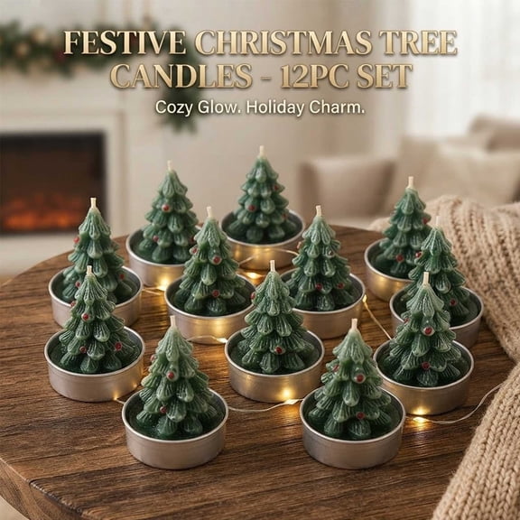 Byndra 12Pcs Christmas Tree Shaped Candles Tealight with Metal Tin Holder Berry Detail Wax Set for Table Mantel Shelf Holiday Party Favor Home Decor Gift