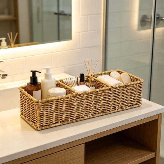 Byndra 3 Compartments Plastic Storage Basket, Divided Drawer Organizer Bin Wicker Look Storage Tray for Kitchen Cabinet Pantry Bathroom