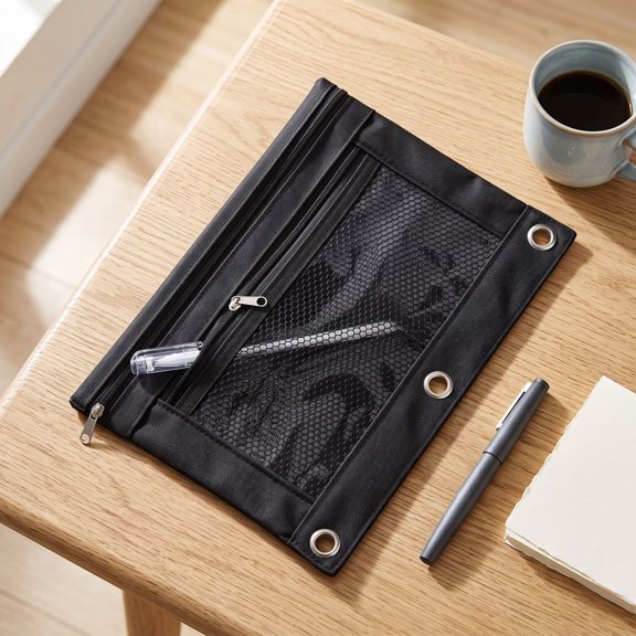 Byndra 3 Ring Binder Pencil Pouch, Double Zipper Oxford Cloth Pen Bag with Clear Mesh Window and Two Compartments, Binder Organizer for Office, Travel and Daily Supplies