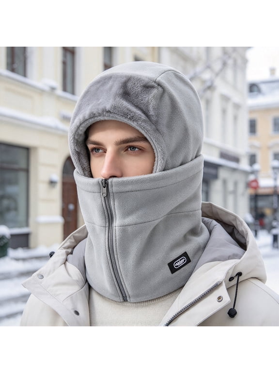 3-in-1 Winter Fleece Balaclava, Windproof Thermal Hood with Front Zipper Face Cover and Neck Warmer for Skiing Cycling Hiking
