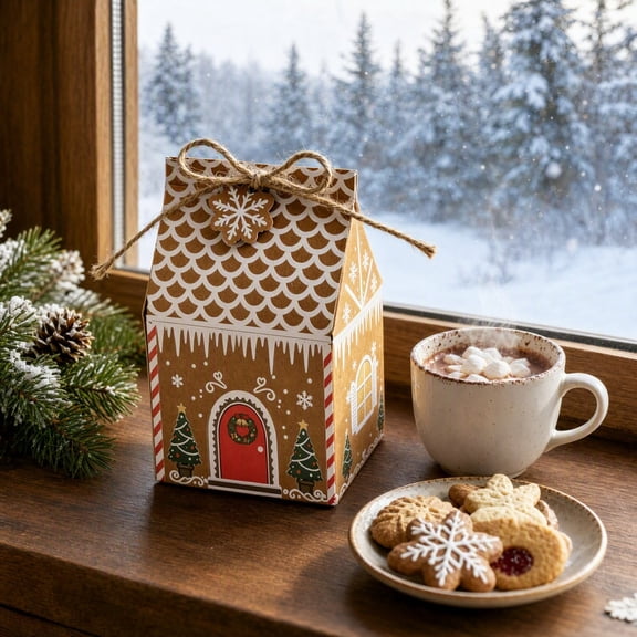 Byndra 50-Pack Christmas Kraft Paper House Candy Boxes, Gingerbread Style Gift Packaging for Cookies, Treats and Party Favors