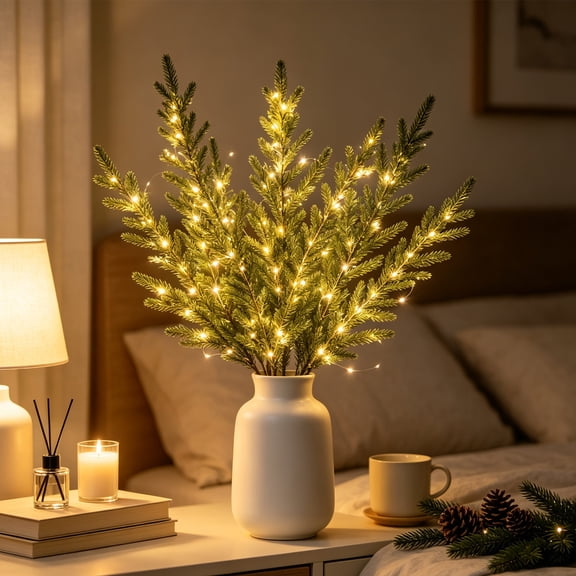 Byndra Christmas Lighted Pine Stems, Christmas Decoration Indoor, LED Branch Picks for Vase Arrangement Tabletop and Holiday Home Decor