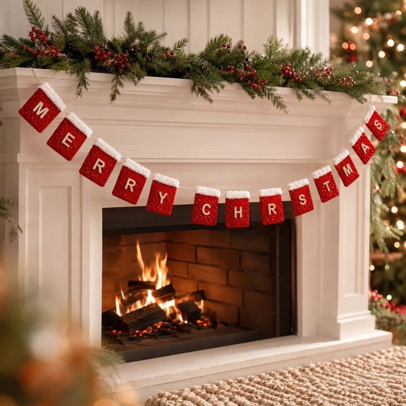 Byndra Christmas Merry Christmas Banner Garland, Mini Stocking Letter Hanging Decorations for Fireplace Mantel Wall Holiday Party Decor
