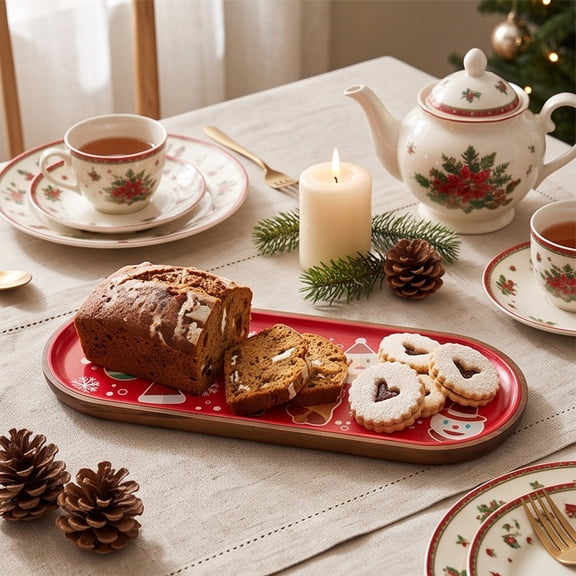 Byndra Christmas Printed Serving Tray, Oval Holiday Decorative Platter with Wood Rim, Festive Pattern for Coffee Table Kitchen Dining Living Room Home Decor