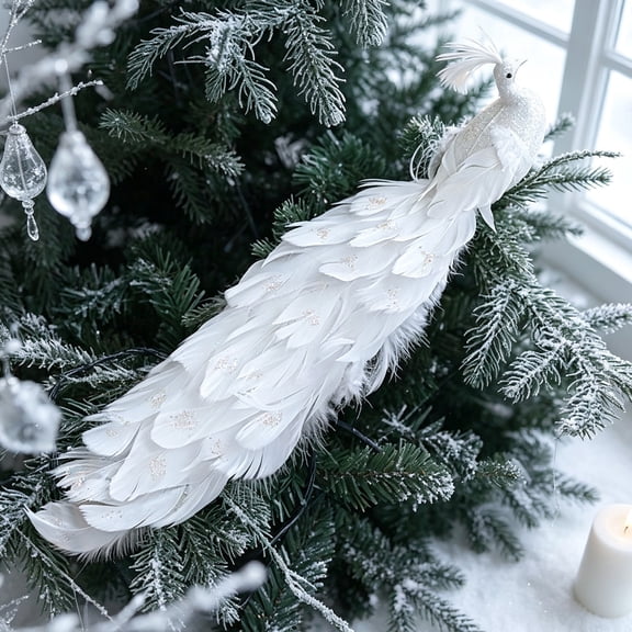Byndra Christmas Tree Ornament, Peacock Bird with Artificial Feathers and Long Tail, Elegant Christmas Decoration Indoor, Holiday Home Decor
