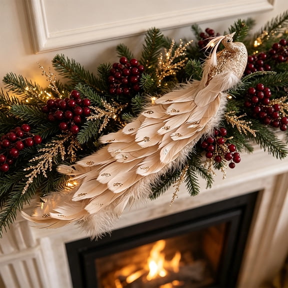 Byndra Christmas Tree Ornament, Peacock Bird with Artificial Feathers and Long Tail, Elegant Christmas Decoration Indoor, Holiday Home Decor
