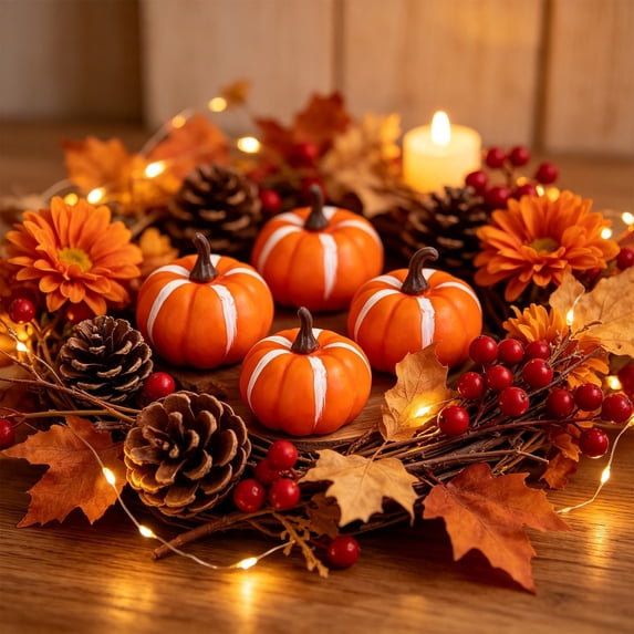 Byndra Fall Mini Foam Pumpkin Decor, 6cm Artificial Pumpkin with Realistic Texture and Stem and Classic Style, Table Centerpiece for Autumn, Halloween, Thanksgiving, Home Display