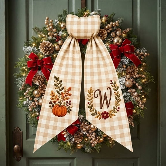 Byndra Fall Wreath Sash, Plaid Embroidered Pumpkin Personalized Monogram Bow, Farmhouse Autumn Hanger for Front Porch Home Thanksgiving Decoration