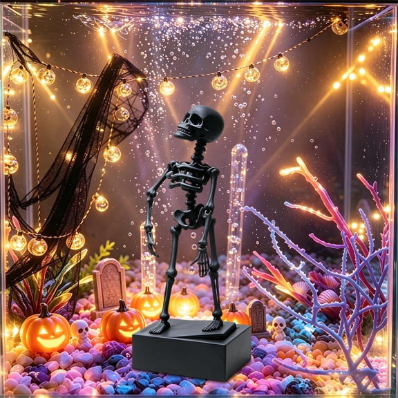 Byndra Halloween Aquarium Decor, Dancing Skeleton Fish Tank Bubbler Ornament with Moving Arms and Air Tube, Spooky Figure for Aquarium, Desktop, Party Gift Display