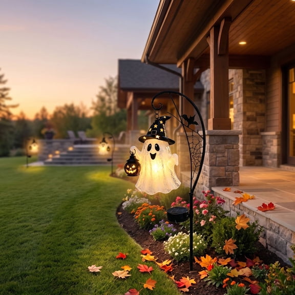 Byndra Halloween Ghost Solar Garden Stake Light, Metal Ghost with Star Witch Hat and Pumpkin Web, Outdoor LED Decor for Yard, Patio and Path, Porch Yard and Party Display Accent