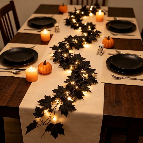 Byndra Halloween Lighted Black Garland, 6.6 ft Artificial Maple Leaf Vine with Battery Operated LED String Lights, Fall Decor for Porch, Mantel, Stair Railing and Wall