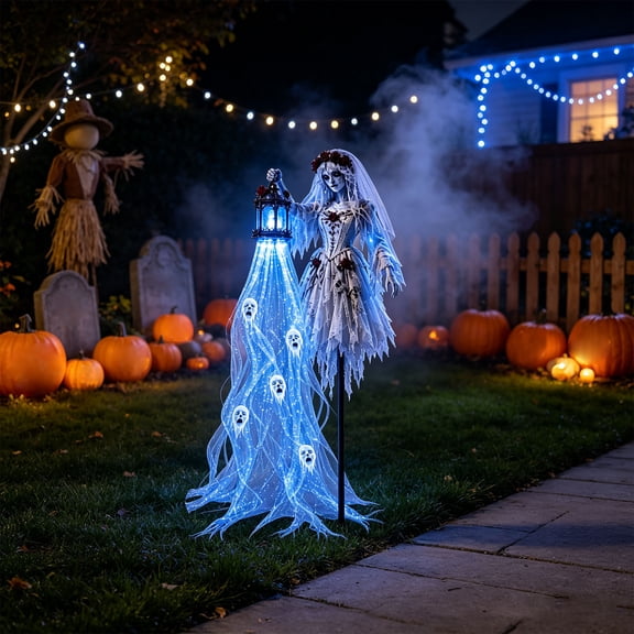 Byndra Halloween Lighted Ghost Bride Garden Stake, Halloween Decoration Outdoor, Animated LED Haunted Figure Yard Decor for Lawn Garden Pathway and Party Display