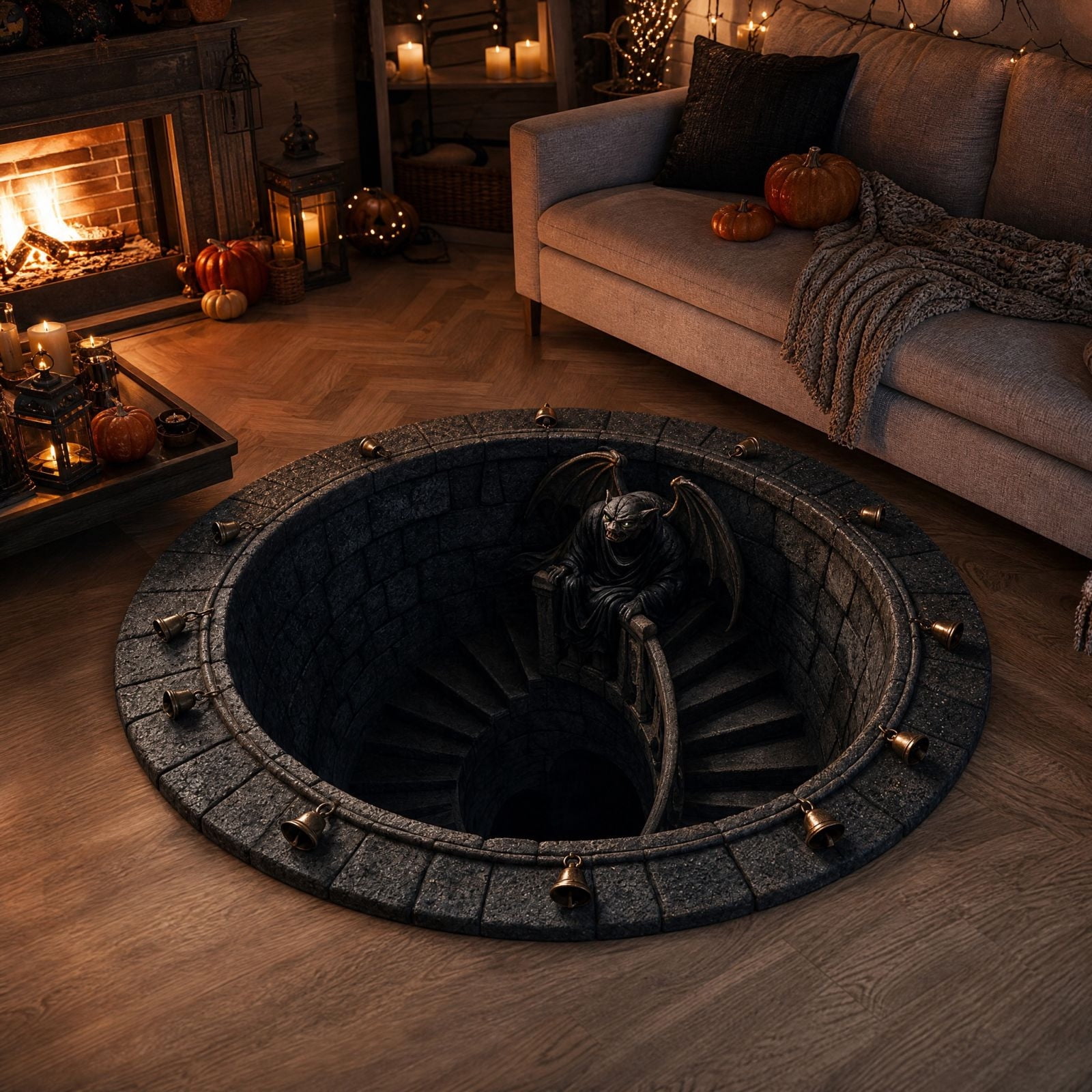 Young Well Rounded Byndra Halloween Rug 3D Illusion Stone Well Spiral Staircase Round Non ...