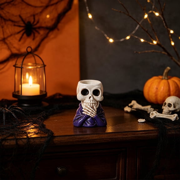 Byndra Halloween Skull Candle Holder Figurine, Purple Skeleton Bust Tealight Holder, Spooky Tabletop Decor for Holiday Party Display, Indoor Outdoor Halloween Party Display