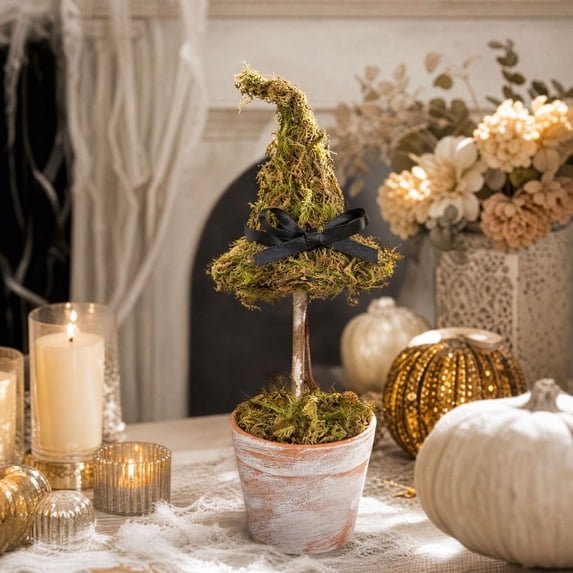 Byndra Halloween Witch Hat Topiary, Halloween Decorations Indoor Outdoor Rustic Farmhouse Decor, 8.7 Inch Plastic Moss Pot Tabletop Ornament for Tiered Tray, Mantel, Shelf