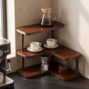 Byndra L Shaped Wooden Corner Shelf, Multi-Tier Desktop Organizer Rack, Brown Storage Stand for Cosmetics, Kitchenware, Tea Cups, Countertop and Space Saving Counter Storage