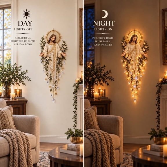 Byndra Lighted Jesus Religious Wall Decor, Christmas Decoration Indoor, Christian Hanging Ornament with Floral and Crystal Style Accents