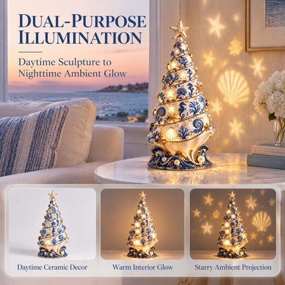 Byndra Lighted Seashell Christmas Tree Projection Lamp, Ocean Theme Resin Tabletop Tree with Star and Shell Light Effects for Home
