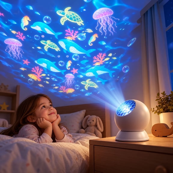 Byndra Projector Night Light Ocean Dolphin Jellyfish Sea Animal Theme LED Projection Lamp Ambient for Bedroom Living Room Party Lounge Decor Gift Accent