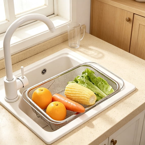 Byndra Over The Sink Colander, Expandable Stainless Steel Kitchen Strainer Basket, Adjustable Fruit Vegetable Washer for Sink, Counter, Food Prep, Kitchen Counter Use