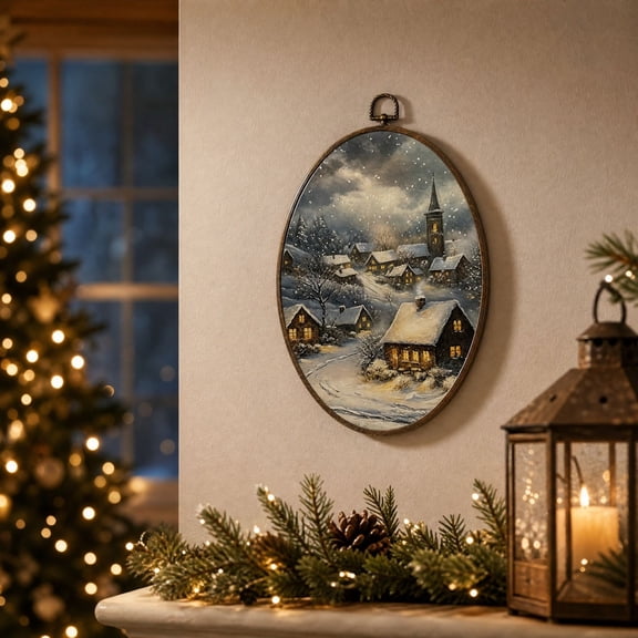 Byndra Vintage Christmas Oval Wall Art, Christmas Decoration Indoor Hanging Holiday Painting Decor for Living Room Bedroom Farmhouse Style