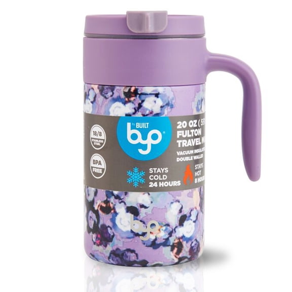 Byo 20 Oz Insulated Travel Mug - Stainless Steel Desk Mug with Handle, Leak-Proof Slide Lid, Wide Mouth for Ice, One Touch Open, Reusable Coffee Tumbler for Work, School, Gift (Purple Floral)