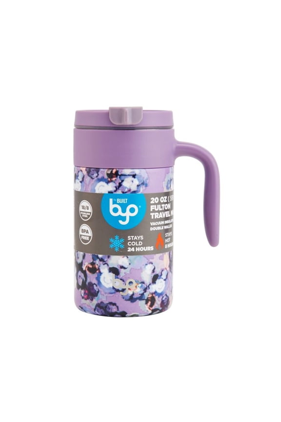 20 Oz Insulated Travel Mug - Stainless Steel Desk Mug with Handle, Leak-Proof Slide Lid, Wide Mouth for Ice, One Touch Open, Reusable Coffee Tumbler for Work, School, Gift (Purple Floral)