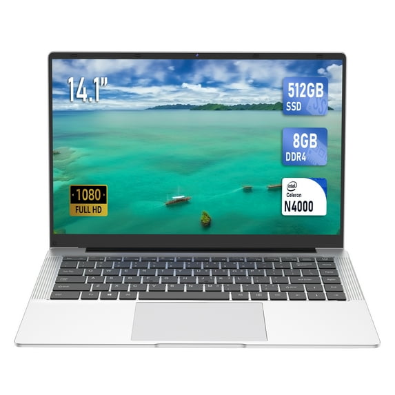 Byone 14" Laptop Intel Celeron N4000 Dual-Core Processor 8GB DDR4 512GB SSD IPS HD Screen-Silver