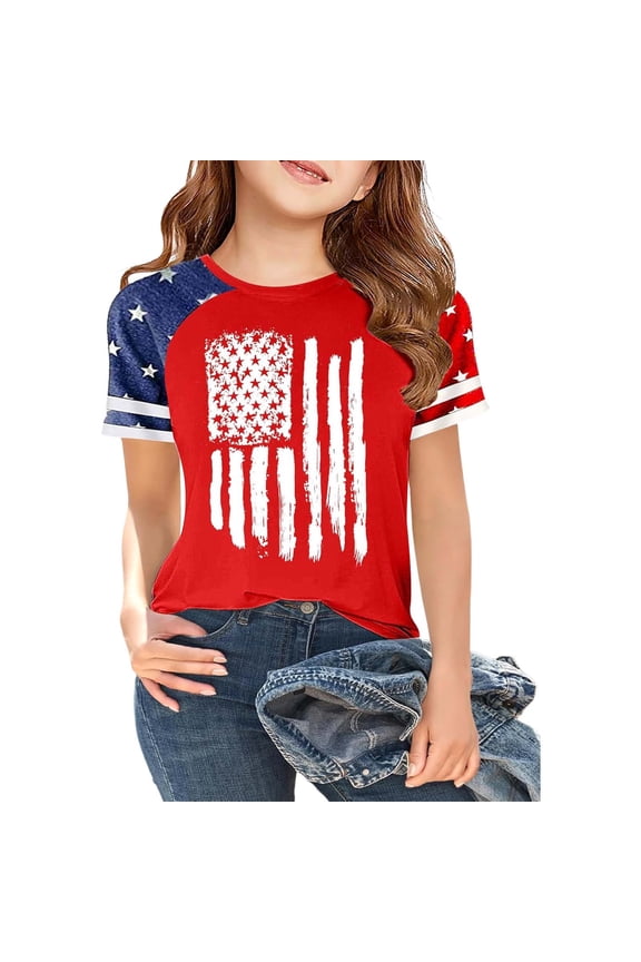 American Flag Print Raglan T-Shirt for Toddler Girl Color Block Short Sleeve Patriotic Tee 4th of July Top, 4-5 Years