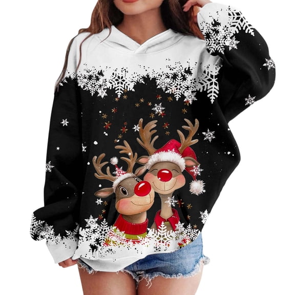 Byoo Baby Girls Clothing Christmas Cartoon Deer Snow Print Crew Neck Long Sleeve Sweatshirt Girls Xmas Slouchy Outdoor Clothes
