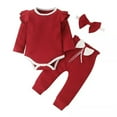 thumbnail image 1 of Byoo Baby Girls Ribbed Long Sleeve Romper Pants Set with Bow Tie Hairband Cute Outfits, 1 of 2