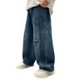 thumbnail image 1 of Byoo Baggy Washed Denim Pants for Little Boys Wide Leg Straight Fit High Rise Jeans Pull-On Basic Trousers,Blue, 1 of 7