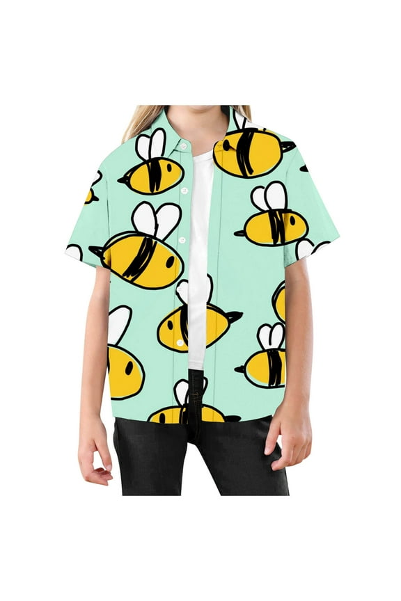Bee Graphic Shirt for Toddler Boy Short Sleeves Lapel Cute Button-Up T Shirt Kids Comfort Active Button Down Shirt,Yellow