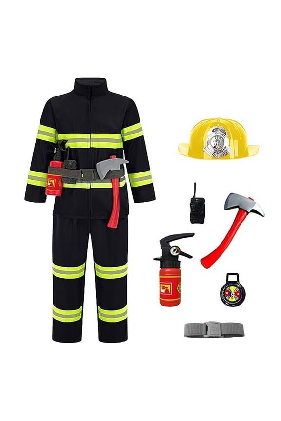 Big Boy Fireman Outfits Role Play Long Sleeve Reflective Firefighter Suit with Hat Accessories Active Soft Clothing Set, Yellow