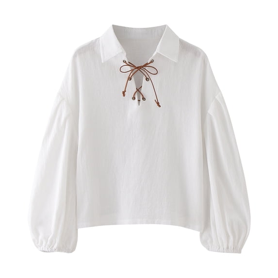 Byoo Big Boy Lace Up Shirt Collared Solid Long Sleeve Puff Sleeve Renaissance Pirate Top Tshirt