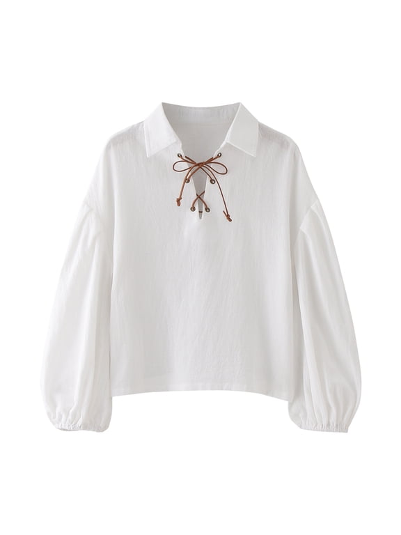 Big Boy Lace Up Shirt Collared Solid Long Sleeve Puff Sleeve Renaissance Pirate Top Tshirt