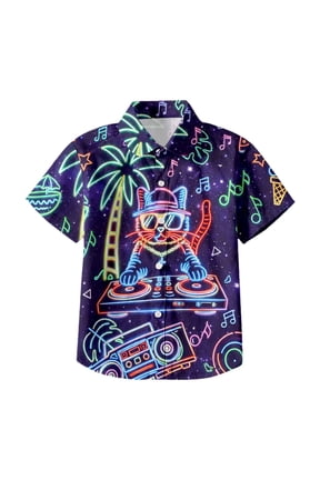 Big Boy Neon DJ Cat Print Button Down Shirt Short Sleeve Button Tee Shirt Casual Kids Pullover Blouse