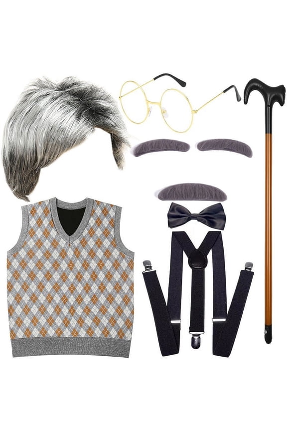 Big Boy Outfit Set Role Play Bow Plaid Printed Sleeveless Sweater Vest Glasses Beard Eyebrows Bow Tie 8PCS Outfits Soft Set