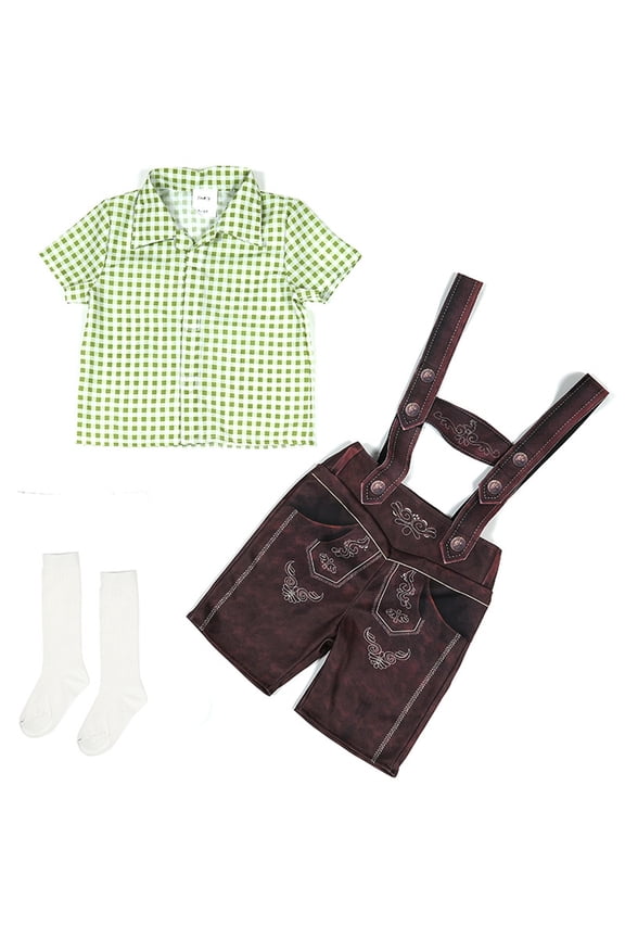 Big Boy Traditional Outfit Embroidered Plaid Button Down Shirt Bib Overalls Party 3Pcs Outfit Set