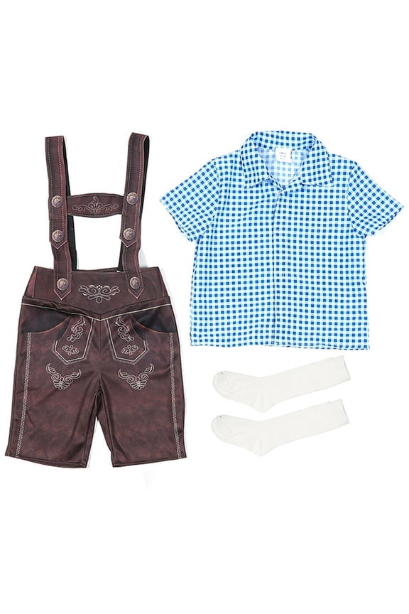 Big Boy Traditional Outfit Embroidered Plaid Button Down Shirt Bib Overalls Party 3Pcs Outfit Set