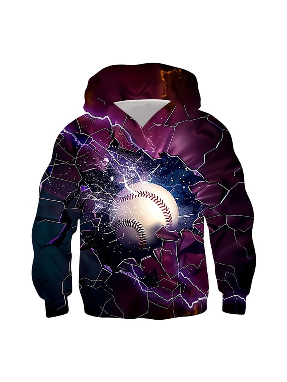 Big Boy's Baseball Print Hoodie Long Sleeve Hooded Pocket Lightning Graphic Sweatshirt Soft Comfy Pullover Top
