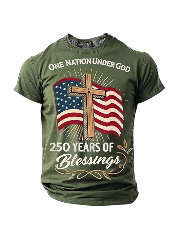 Big Boy 's Patriotic T Shirt Cross American Flag Graphic 250 Years of Blessings One Nation Under God Top