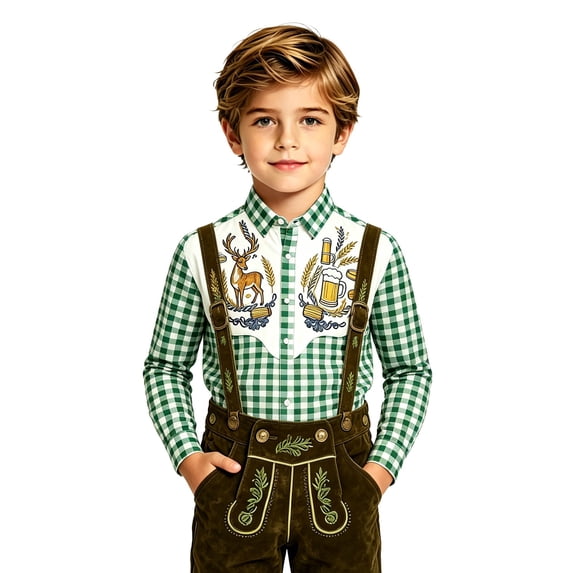 Byoo Big Boy's Stag Wheat Patch Graphic Shirt Lapel Collar Long Sleeve Bavarian Top Oktoberfest Blouse