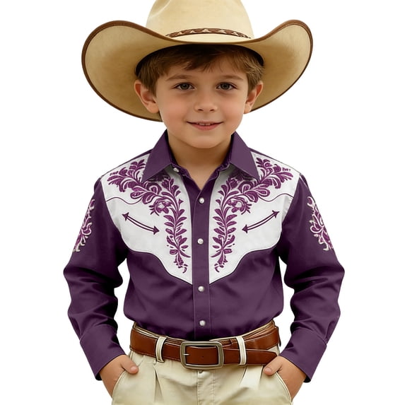 Byoo Big Boys Button Down Shirts Western Cow Boy Floral Graphic Short Sleeve Vintage Tee Shirts Daily Soft T Shirt， Purple