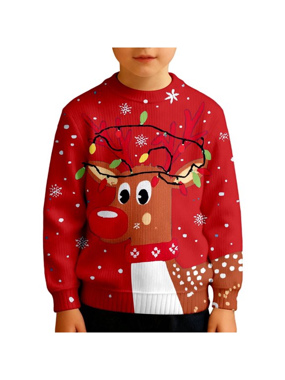 Big Boys Christmas Sweatshirt Reindeer Graphic Knit Long Sleeve Crewneck Pullover Top Kids Winter Holiday Xmas Shirt