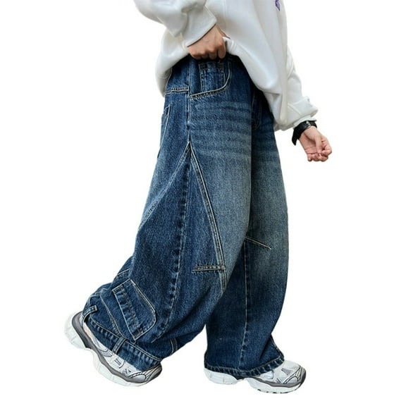 Byoo Big Boys Denim Jeans Baggy Solid Wide Leg High Elastic Waist Jeans Children Regular Husky Trousers