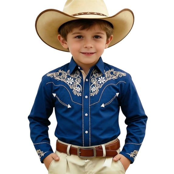 Byoo Big Boys Floral Embroidered Western Shirt Long Sleeve Button Down Cow Boy Blouse,Navy