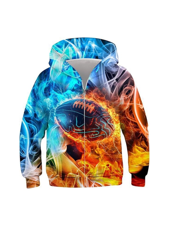 Big Boys Full Zip Hoodie 3D Football Fire Ice Print Hoody Sweatshirt with Pockets Active Comfy Coat for Children