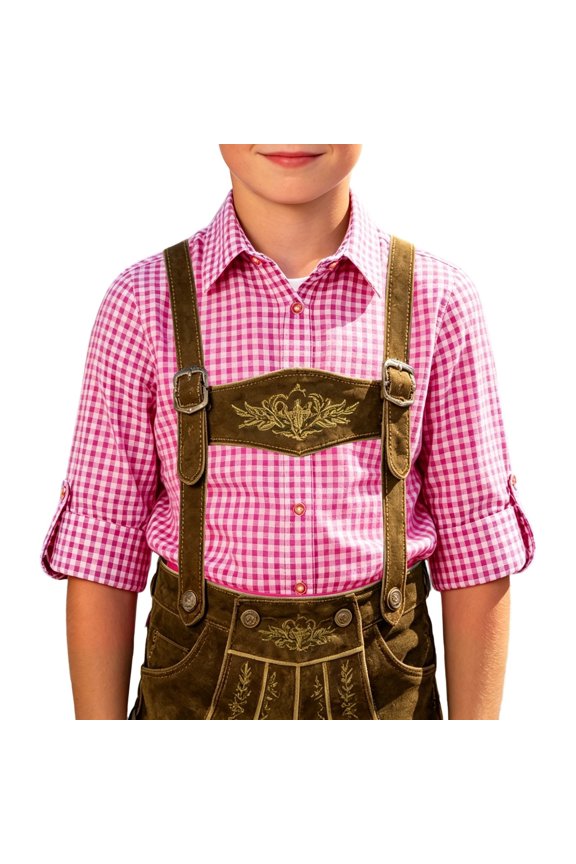 Big Boys Gingham Button Up Shirt Roll Sleeve Lapel Collar Long Sleeve Bavarian Top Oktoberfest Button Down Shirt